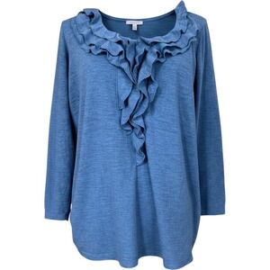 Rafaella Woman Blue Heathered Ruffle Neck Long Sleeve Knit Top 1X